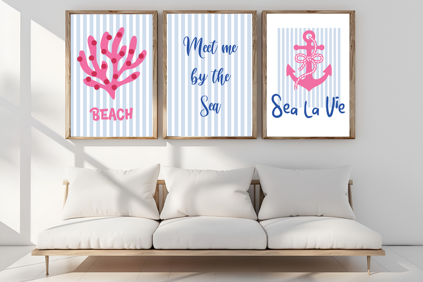 Coastal Gallery Wall Set of 3: Meet Me By The Sea, Anchor & Coral Prints | Pink and Blue Nautical Decor | Instant Digital Download