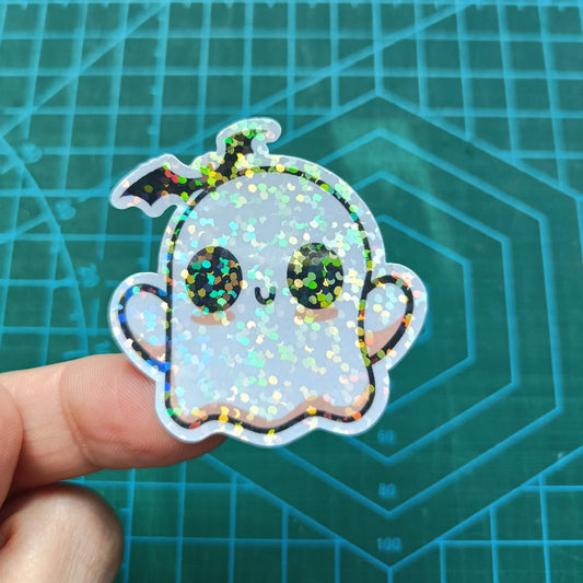 Kawaii Sparkle Ghost Sticker - Boo-tiful Holographic Fun!