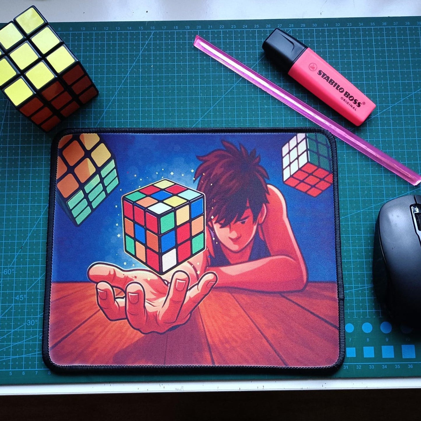 Magic Cube Mouse Pad | Vibrant Magic Cube Desk Mat | Gamer & Office Mousemat | Colourful Anime Desk Accessory | Gift Puzzle Lovers