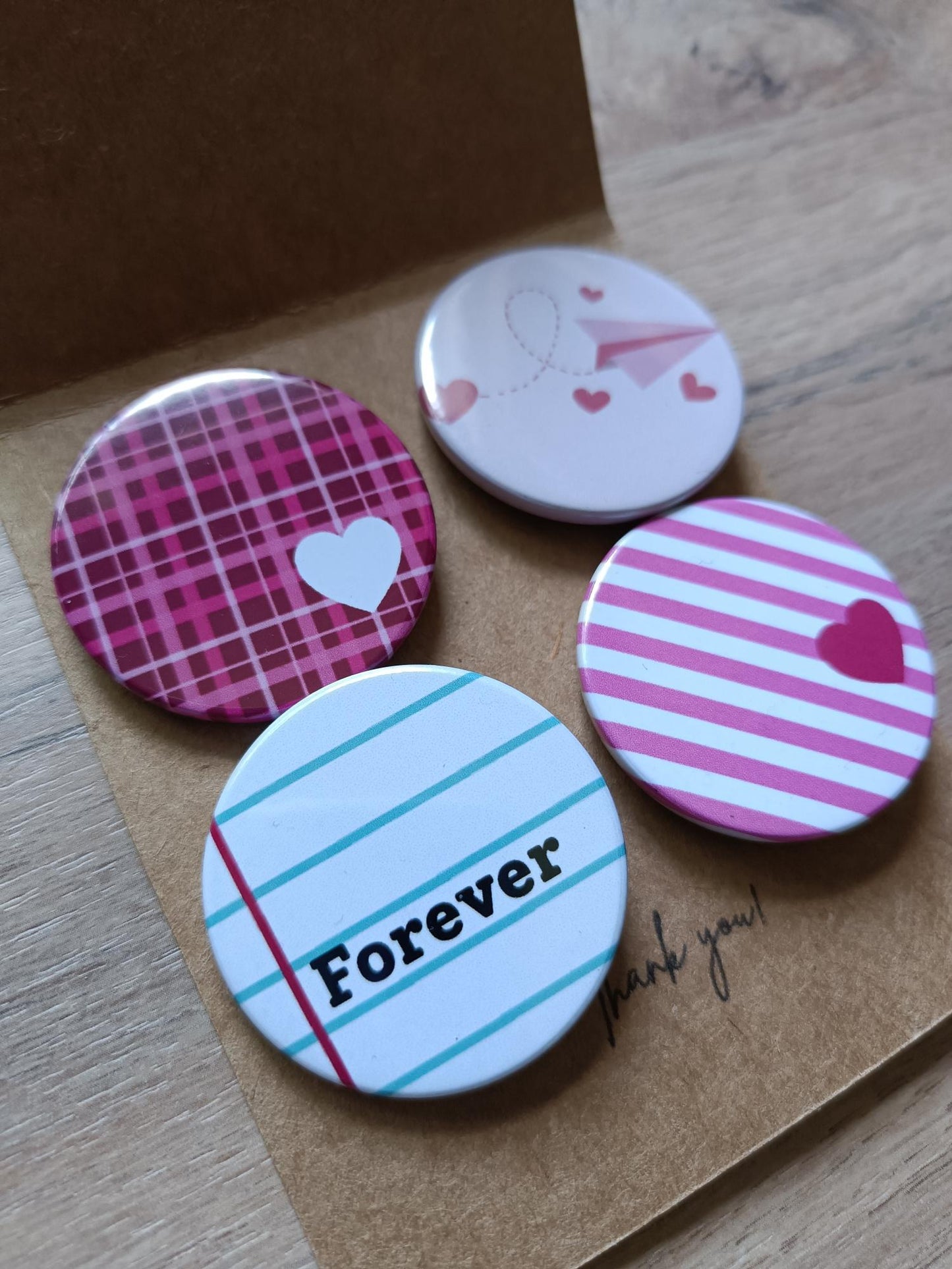 Cute Love Badges Set of 4 - 38mm Premium Metal Pin Backs - Custom Text Gift