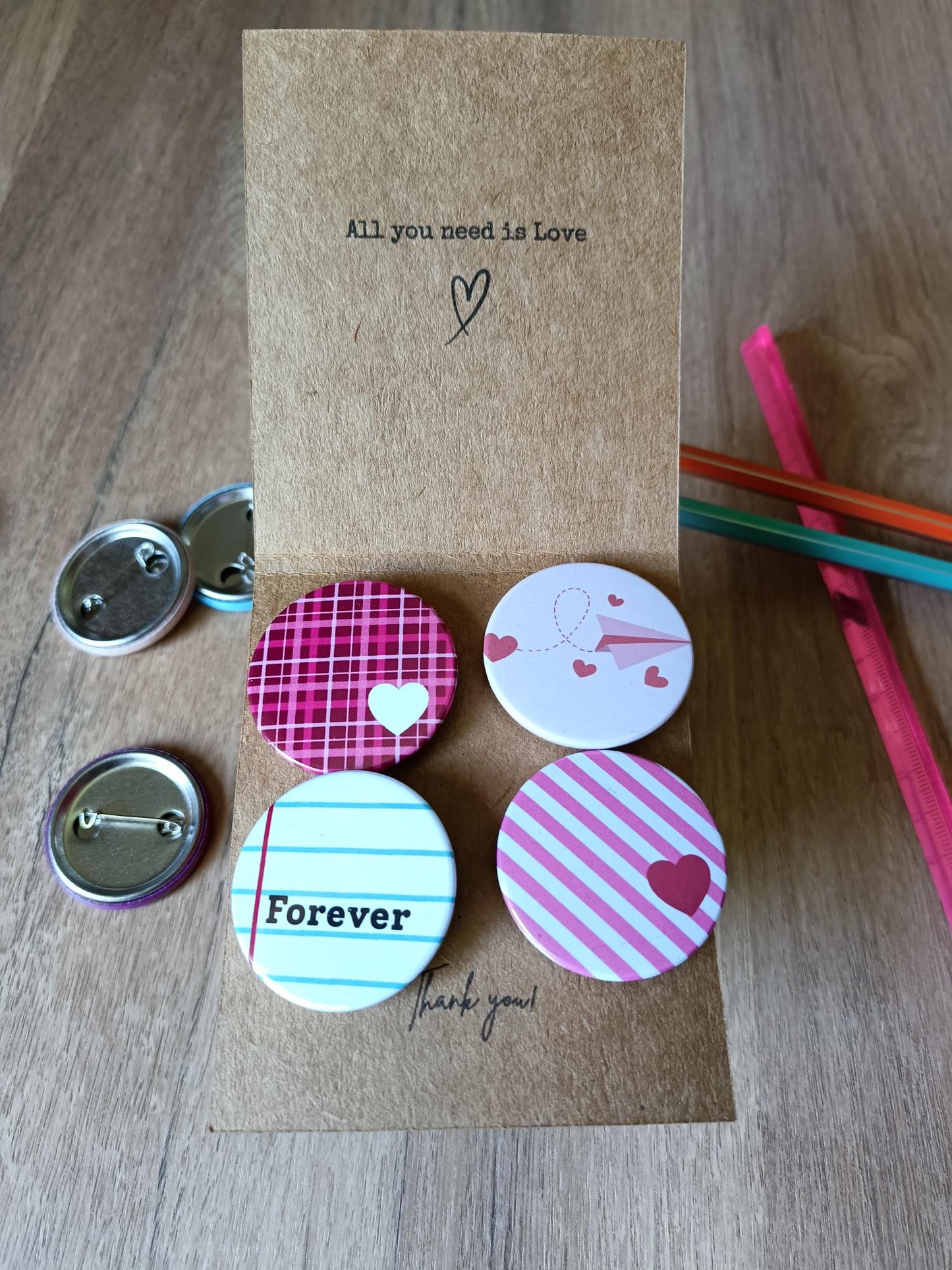 Cute Love Badges Set of 4 - 38mm Premium Metal Pin Backs - Custom Text Gift