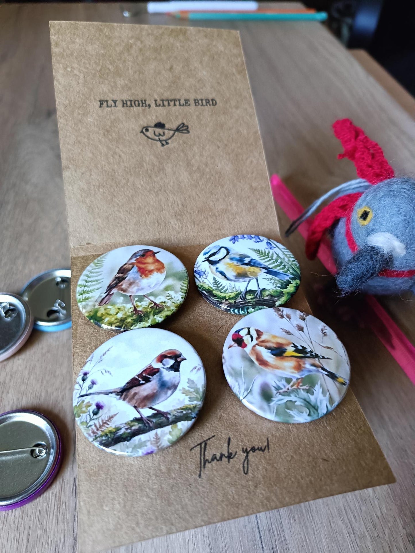 Cute Bird Badges Set of 4 - British Garden Birds Pins - Custom Card Text Gift