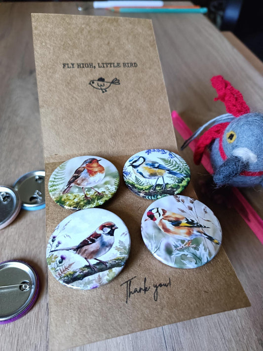 Cute Bird Badges Set of 4 - British Garden Birds Pins - Custom Card Text Gift