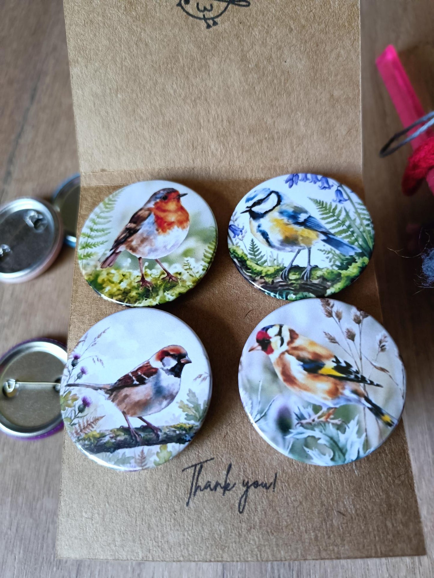 Cute Bird Badges Set of 4 - British Garden Birds Pins - Custom Card Text Gift