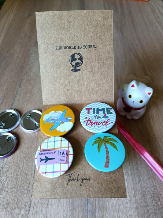 Cute Travel Badges Set of 4 - Wanderlust Holiday Plane Pins - Custom Card Text
