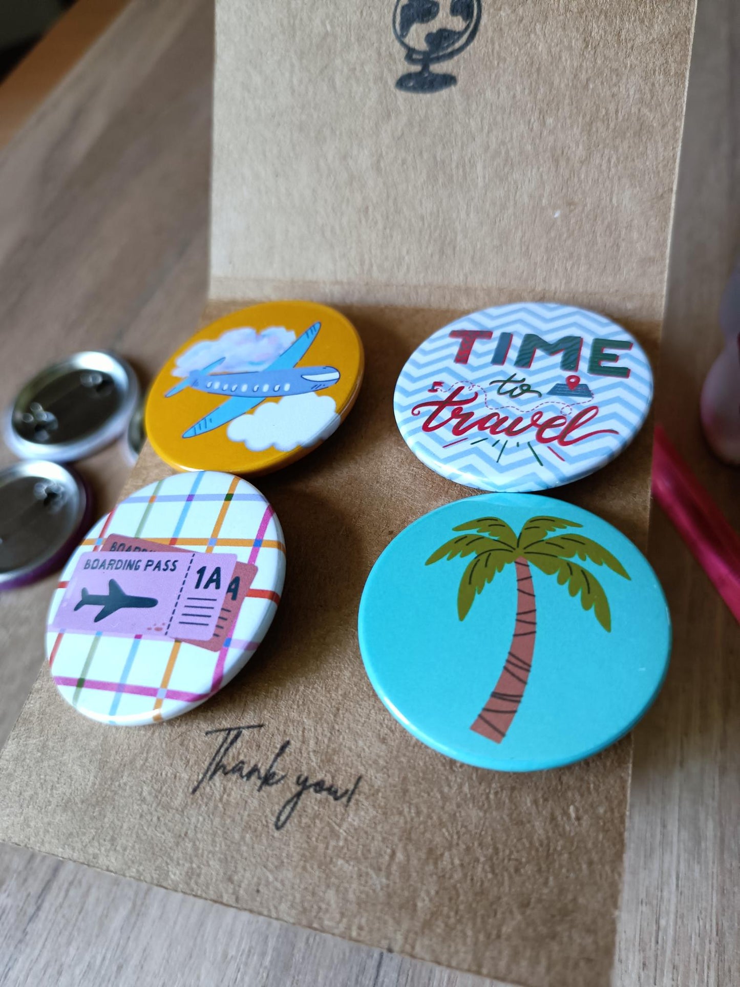 Cute Travel Badges Set of 4 - Wanderlust Holiday Plane Pins - Custom Card Text