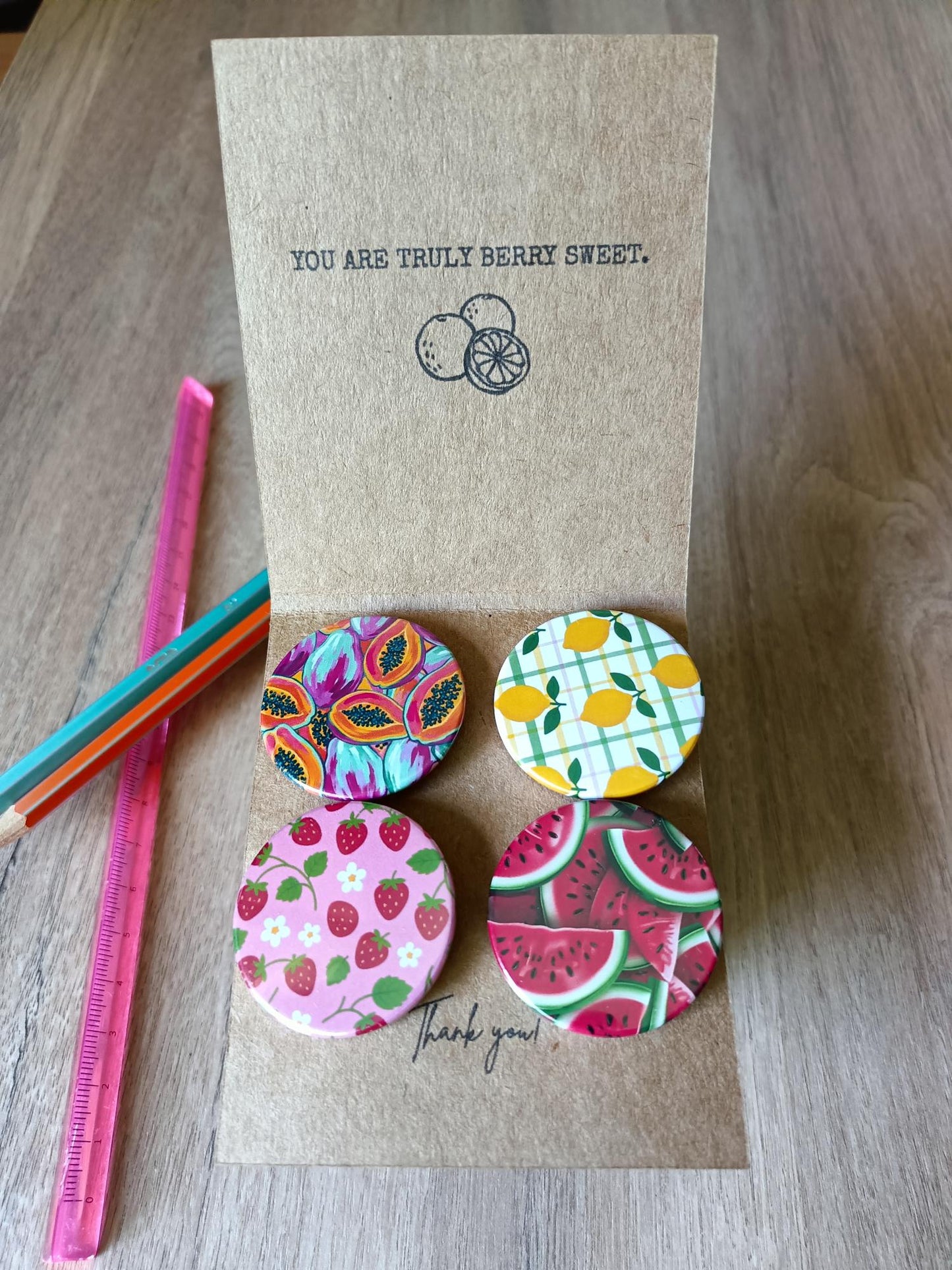 Cute Fruit Badges Set of 4 - Watermelon Lemon Strawberry Pins - Custom Card Text