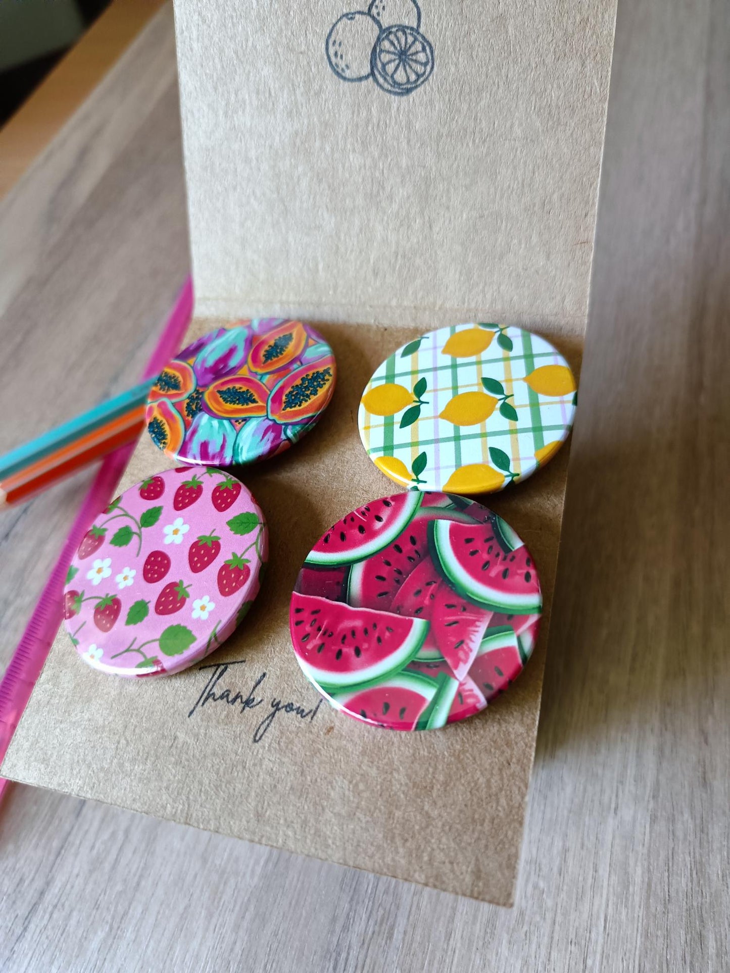 Cute Fruit Badges Set of 4 - Watermelon Lemon Strawberry Pins - Custom Card Text