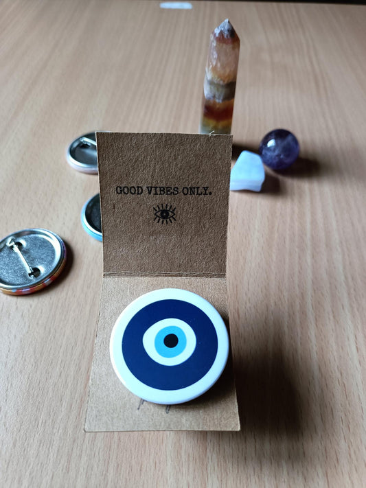 Evil Eye Badge 38mm Pin Protection Good Vibes Only Gift Mystic Amulet Brooch