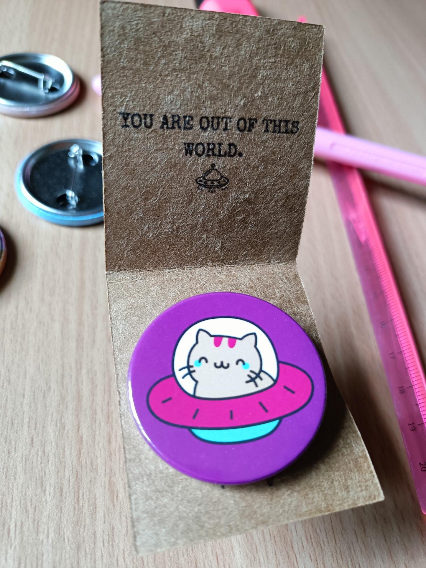 Cute Cat UFO Space Pin Badge 38mm Out Of This World Kawaii Funny Kitten Gift