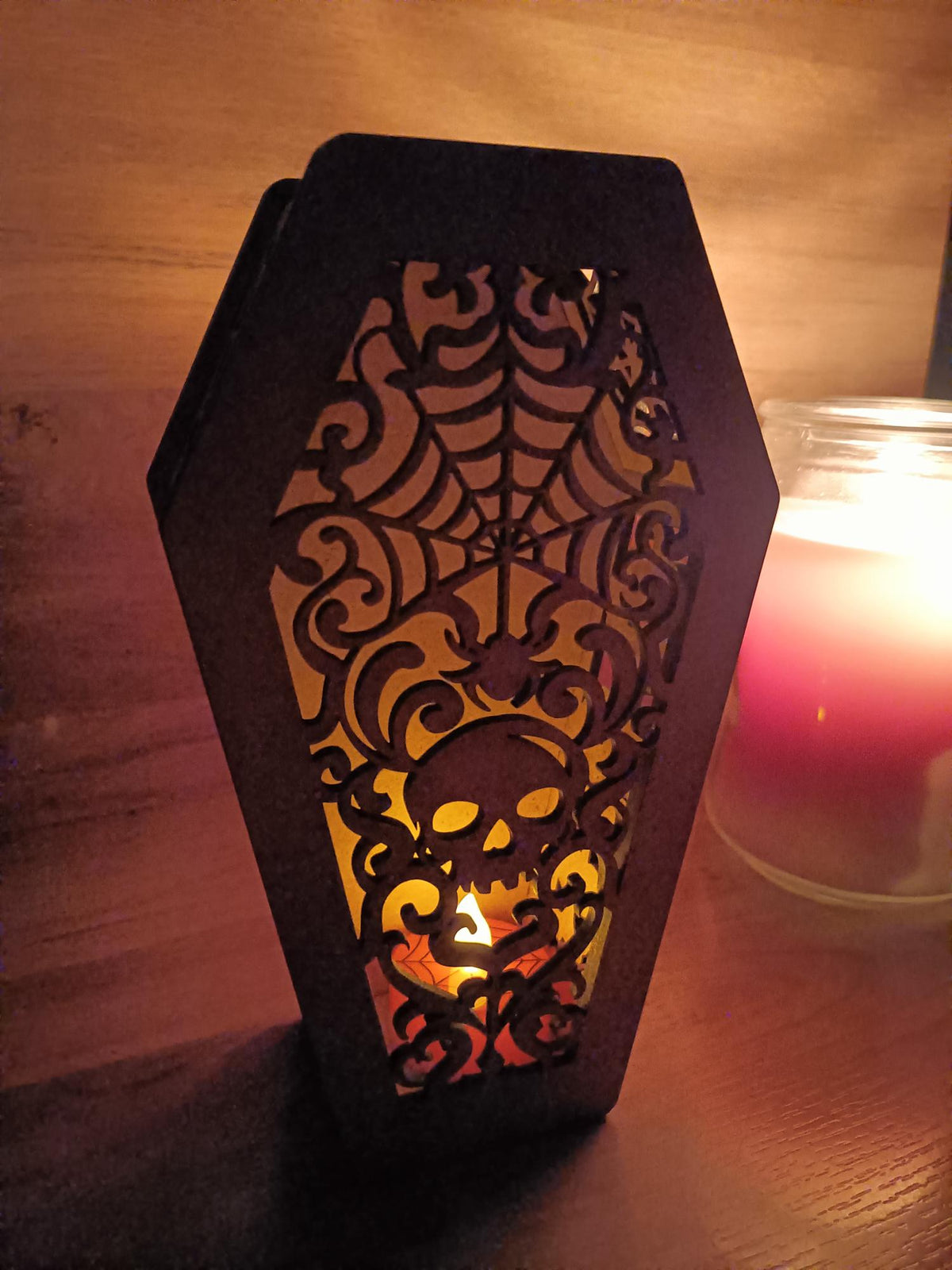 Gothic Coffin Halloween Lantern for LED Tea Light – Spooky Wooden Table Decor