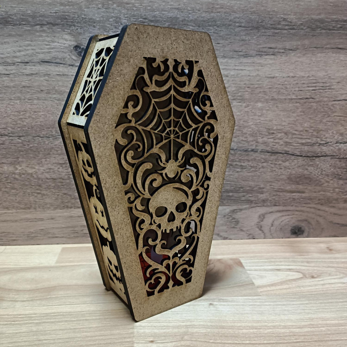 Gothic Coffin Halloween Lantern for LED Tea Light – Spooky Wooden Table Decor