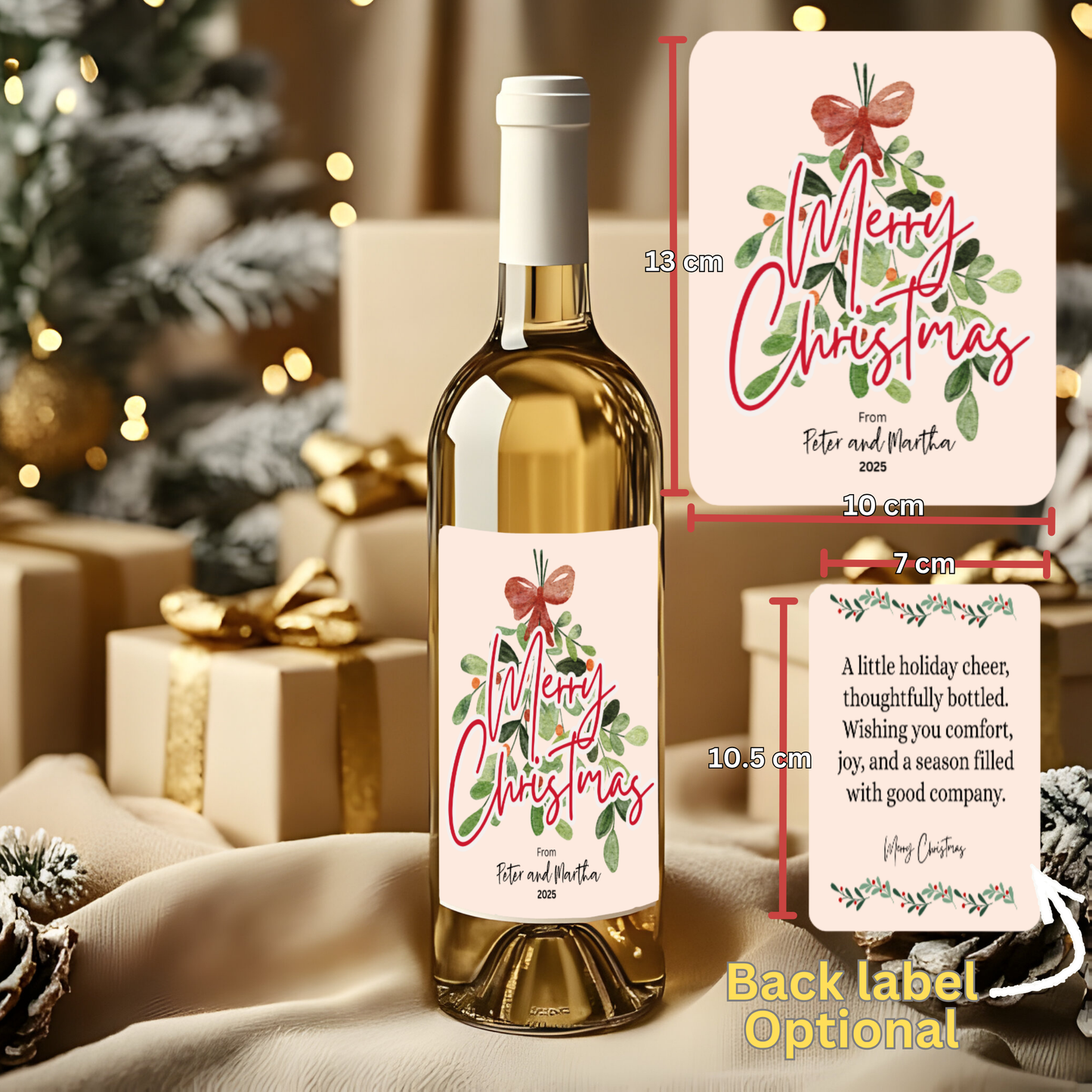 Personalised Christmas Wine Bottle Label – Front Label + Optional Back Label