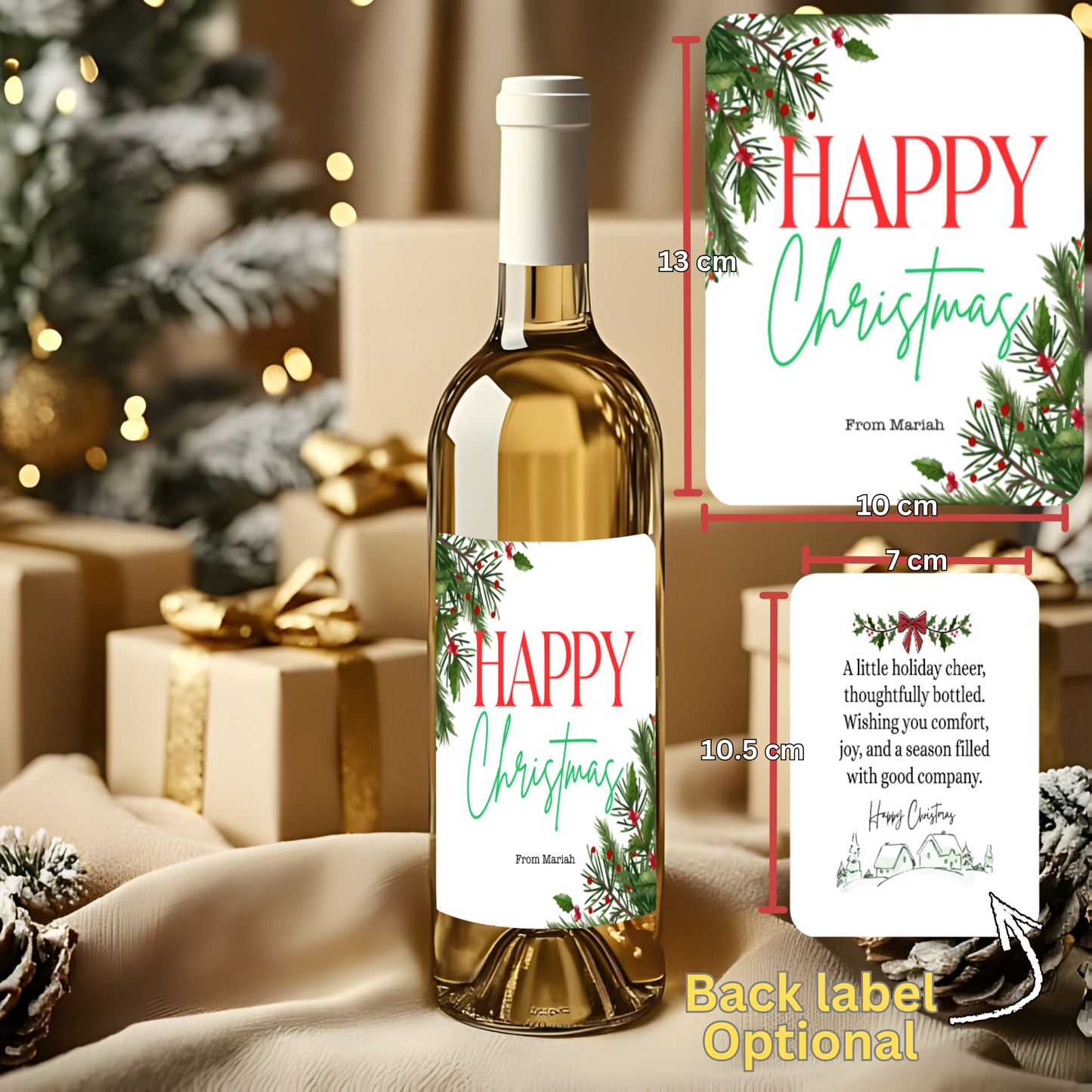 Personalised Happy Christmas Wine Bottle Label – Front Label + Optional Back Label