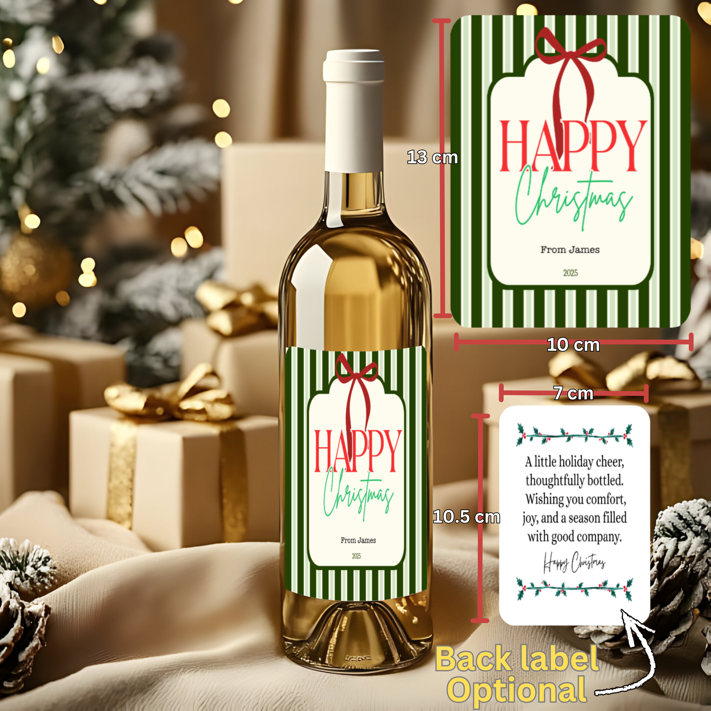 Custom Happy Christmas Wine Bottle Label – Front Label + Optional Back Label