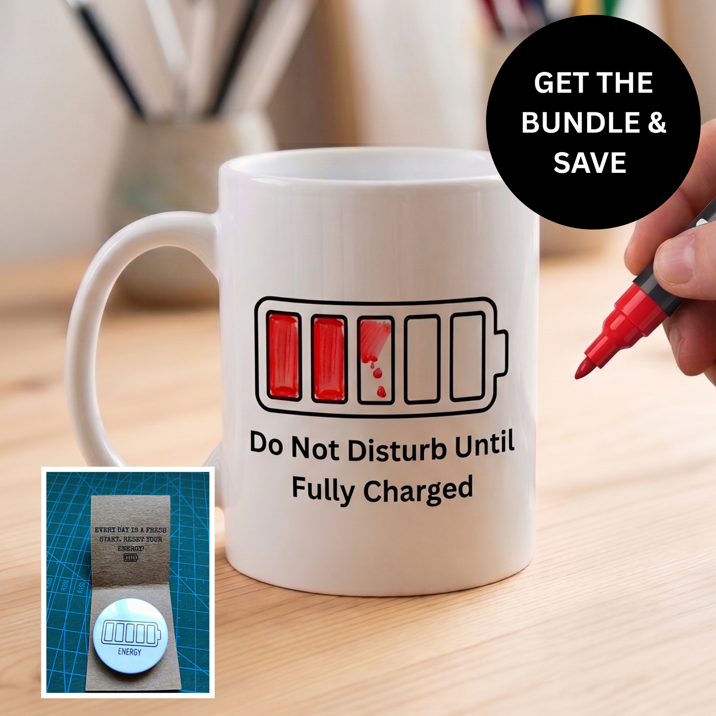 Battery Level Write & Wipe Mug with Red Marker | Interactive Office Gift Cup