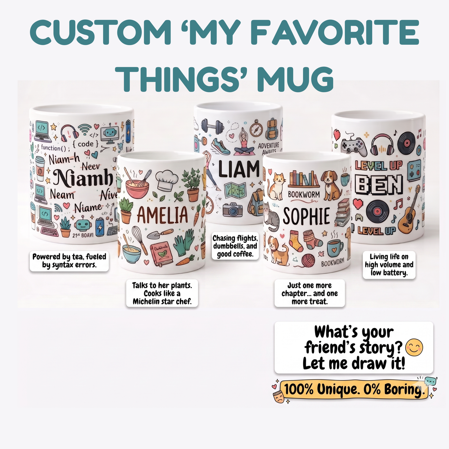 Custom My Favorite Things Mug | Personalized Story Mug | Name & Hobbies Coffee Cup