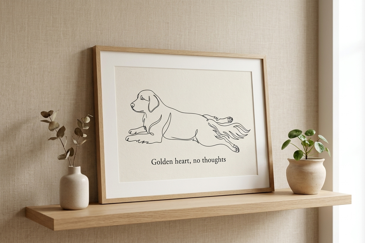 Digital Golden Retriever Art Print, Funny "Golden Heart No Thoughts" Dog Poster, Minimalist One Line Drawing, Large Printable Wall Art
