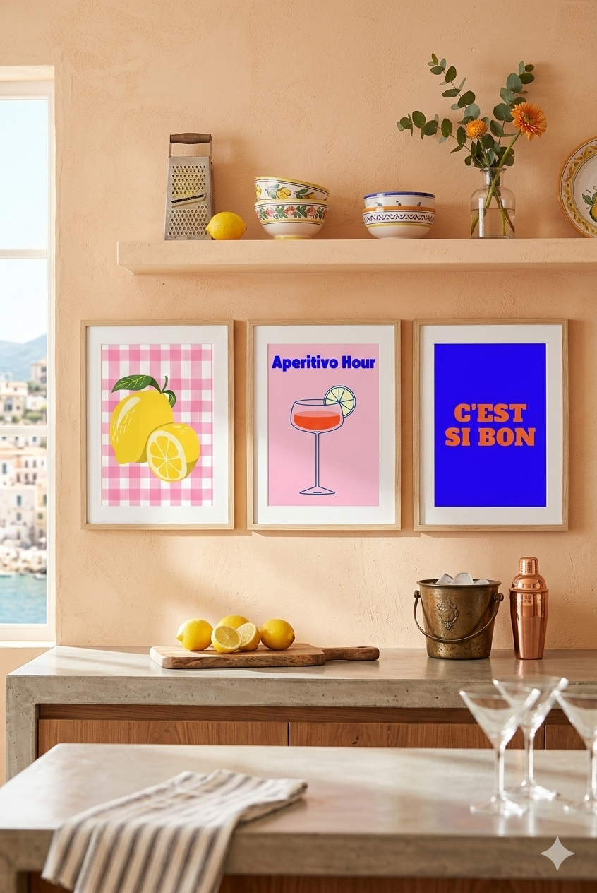 La Dolce Vita Set of 3 Digital Prints | Retro Kitchen Gallery Wall | Spritz & Lemons Dopamine Decor Art