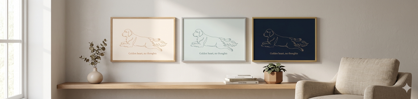 Digital Golden Retriever Art Print, Funny "Golden Heart No Thoughts" Dog Poster, Minimalist One Line Drawing, Large Printable Wall Art