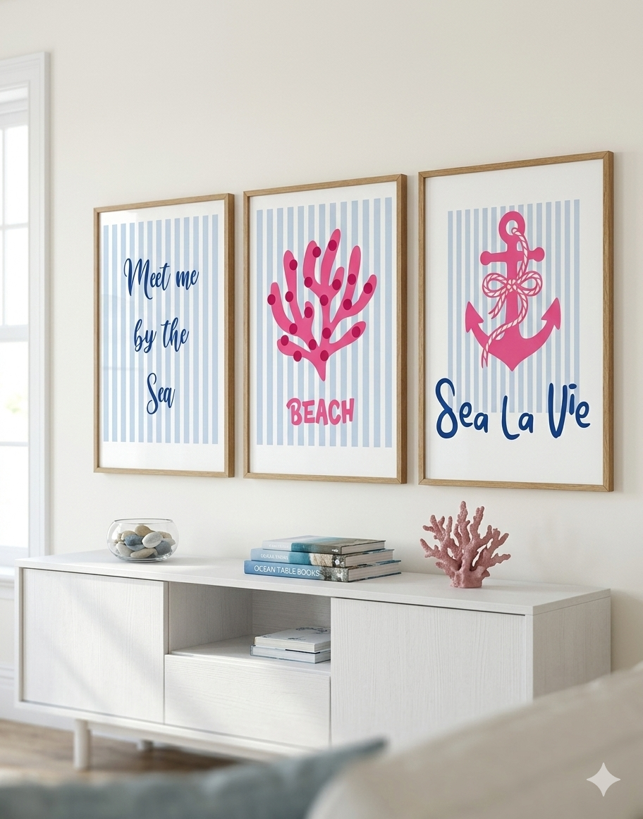 Coastal Gallery Wall Set of 3: Meet Me By The Sea, Anchor & Coral Prints | Pink and Blue Nautical Decor | Instant Digital Download