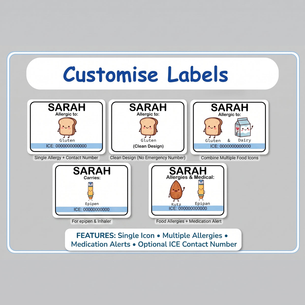 Personalised Kids Medical & Allergy Labels (Pack of 2)- Waterproof