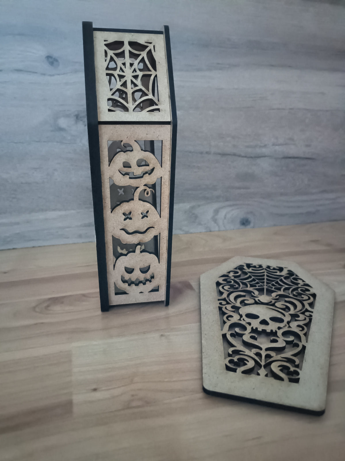 Gothic Coffin Halloween Lantern for LED Tea Light – Spooky Wooden Table Decor