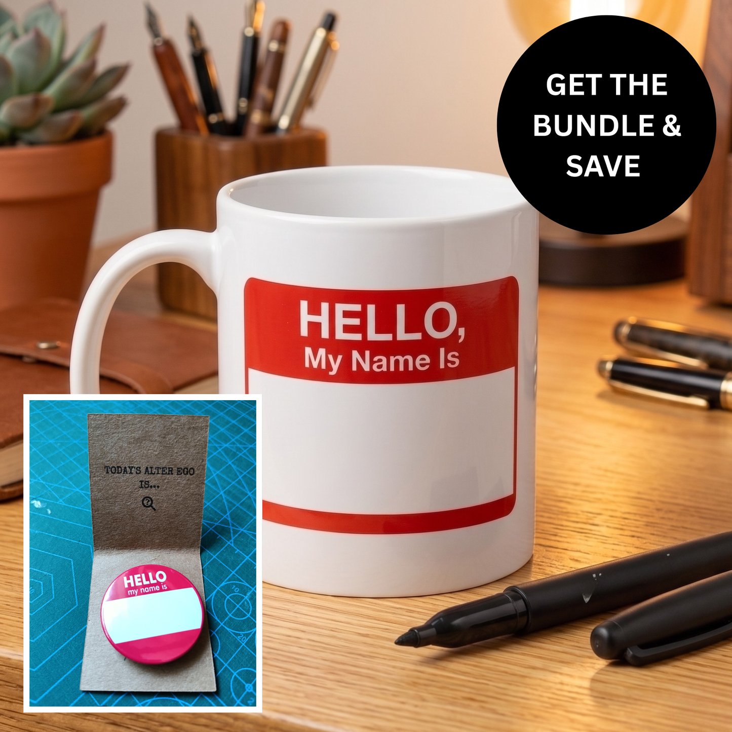 Customisable 'Hello My Name Is' Mug with Acrylic Marker – Reusable Daily Coffee Cup