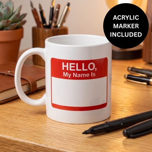 Customisable 'Hello My Name Is' Mug with Acrylic Marker – Reusable Daily Coffee Cup