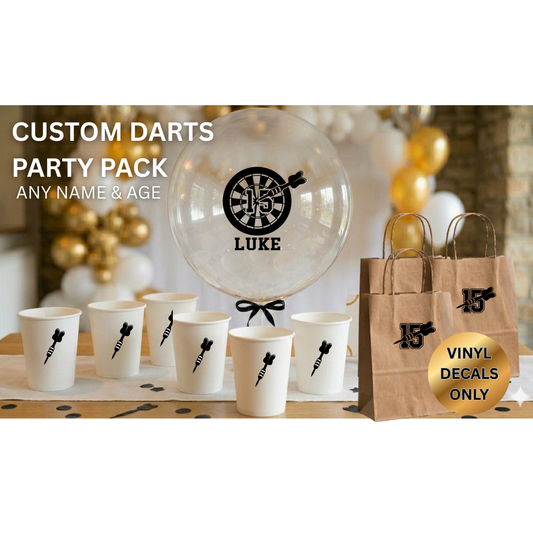 Personalised Darts Vinyl Decals - Custom Name & Age Vinyl Stickers for DIY Party Decor - Darts Theme Birthday Decorations