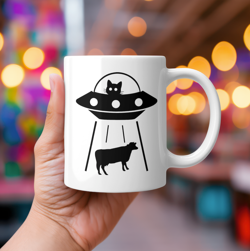 UFO Cat Abducting Cow 11 oz Mug | Funny Sci-Fi Coffee Cup