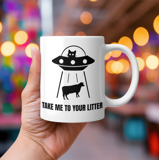 UFO Cat Abducting Cow 11 oz Mug | Funny Sci-Fi Coffee Cup