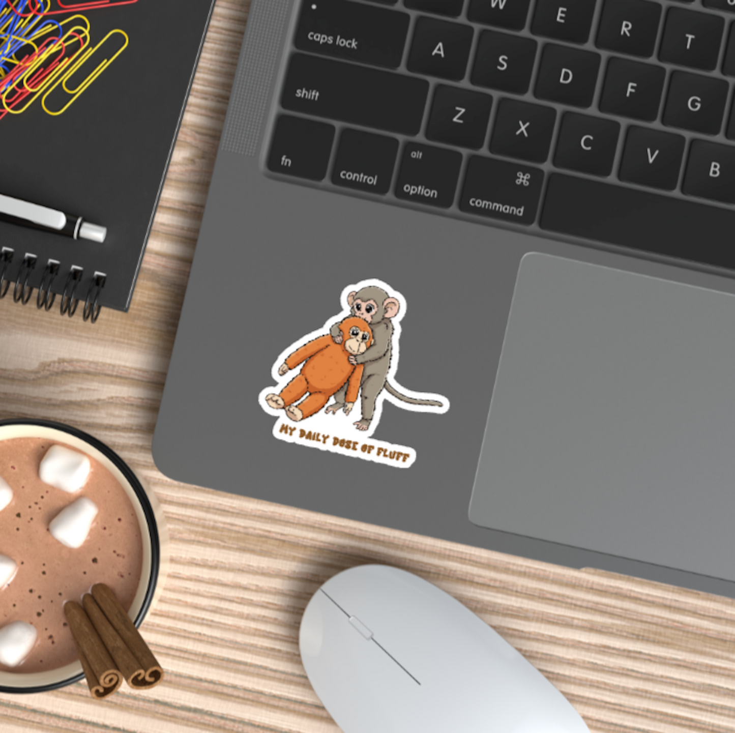 Pung-yo Punch Monkey Sticker - "My Daily Dose of Fluff" Viral Monkey and Plushie Decal - Cute Baby Monkey Holding Orange Toy