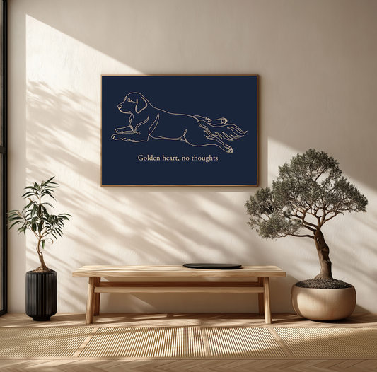 Digital Golden Retriever Art Print, Funny "Golden Heart No Thoughts" Dog Poster, Minimalist One Line Drawing, Large Printable Wall Art
