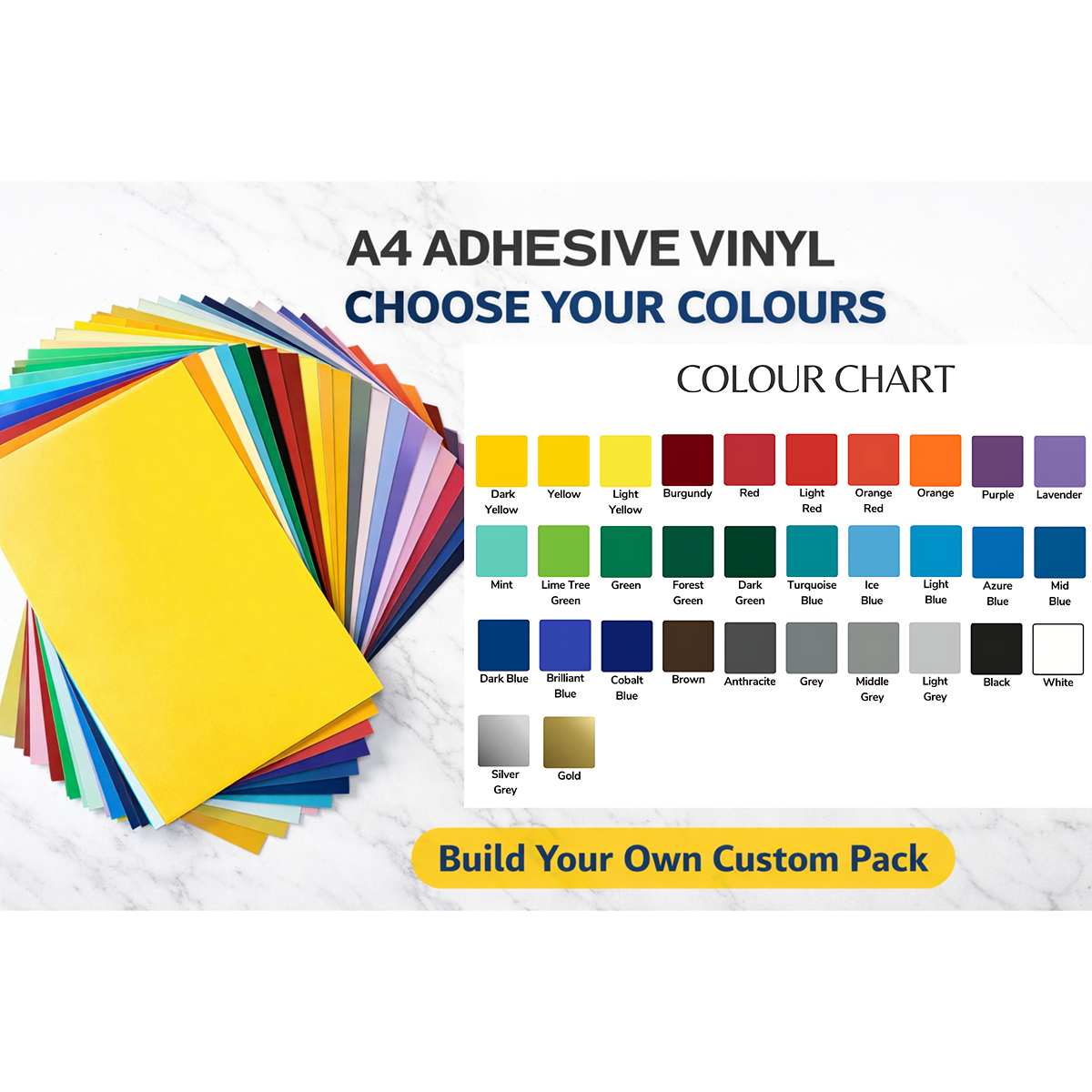 A4 Adhesive Vinyl Sheets – Choose Your Colours – Mixed Packs – Cricut & Silhouette Craft Vinyl – Custom Colour Pack – 33 Colour Options