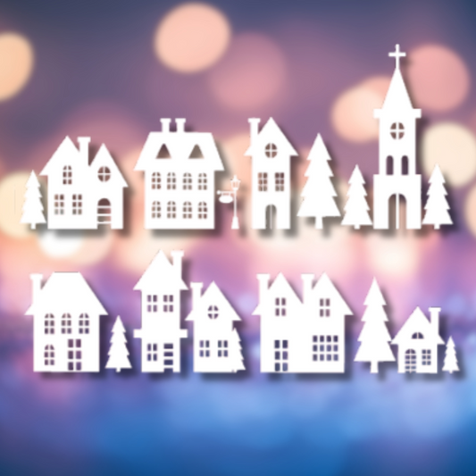 White Christmas Village Street Scene Window Decal
