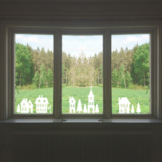 White Christmas Village Street Scene Window Decal